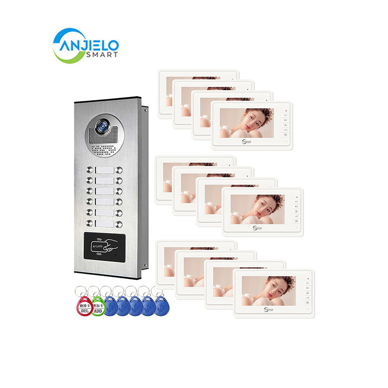AnjieloSmart 4 Wired Video Intercom System for Apartment, 8 Units 7" Monitor, Indoor Outdoor Video Doorbell, ID Card Unlock, Two-Way Audio, 6 Screens for