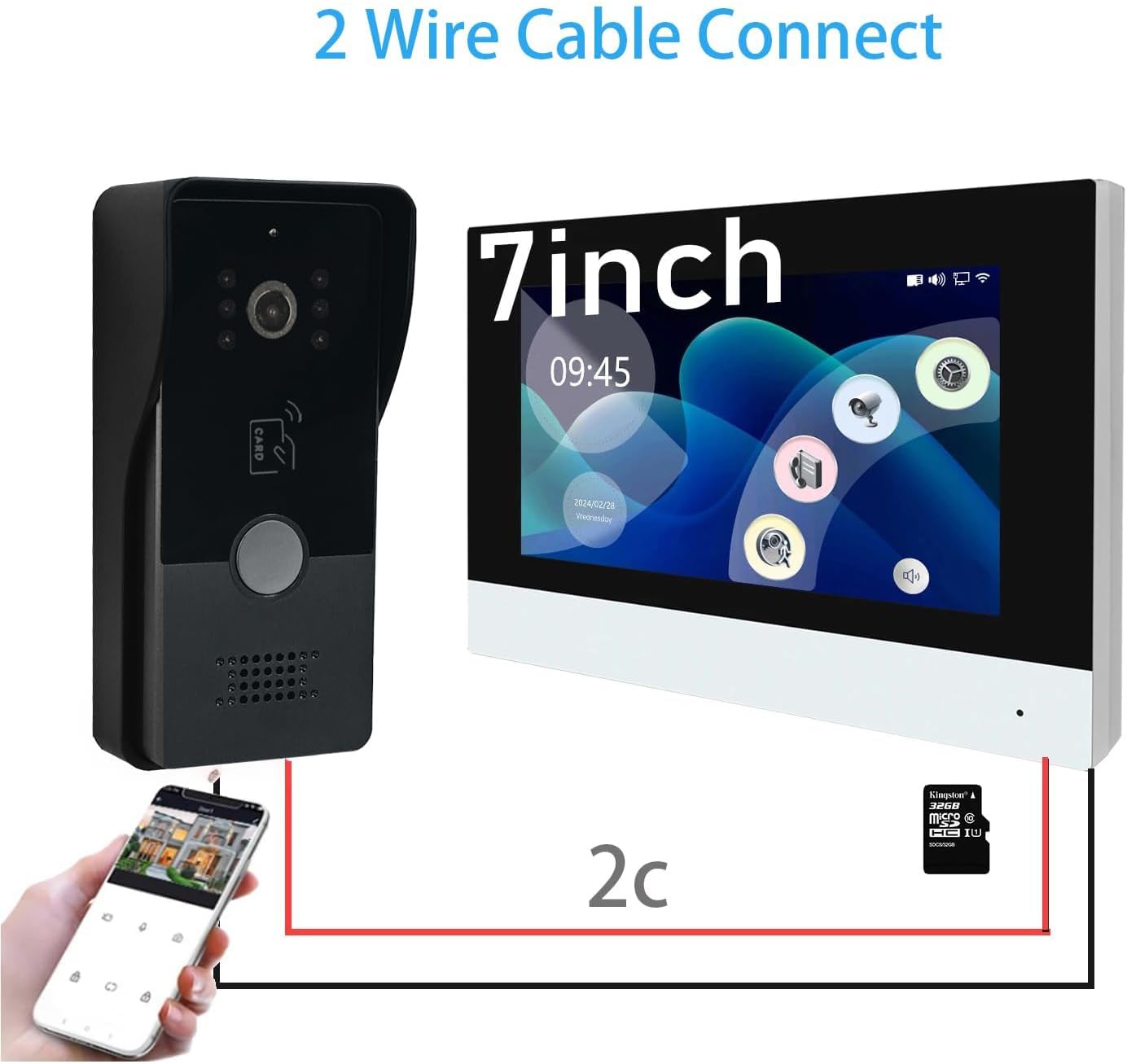 Anjielo Smart Home WiFi Video Doorbell Camera,Wired Video Intercom System, 7 Inches Monitor,HD Smart Video Door Bell with Camera,PIR Motion Detection Night Vision 2-Way Audio Support SD Card