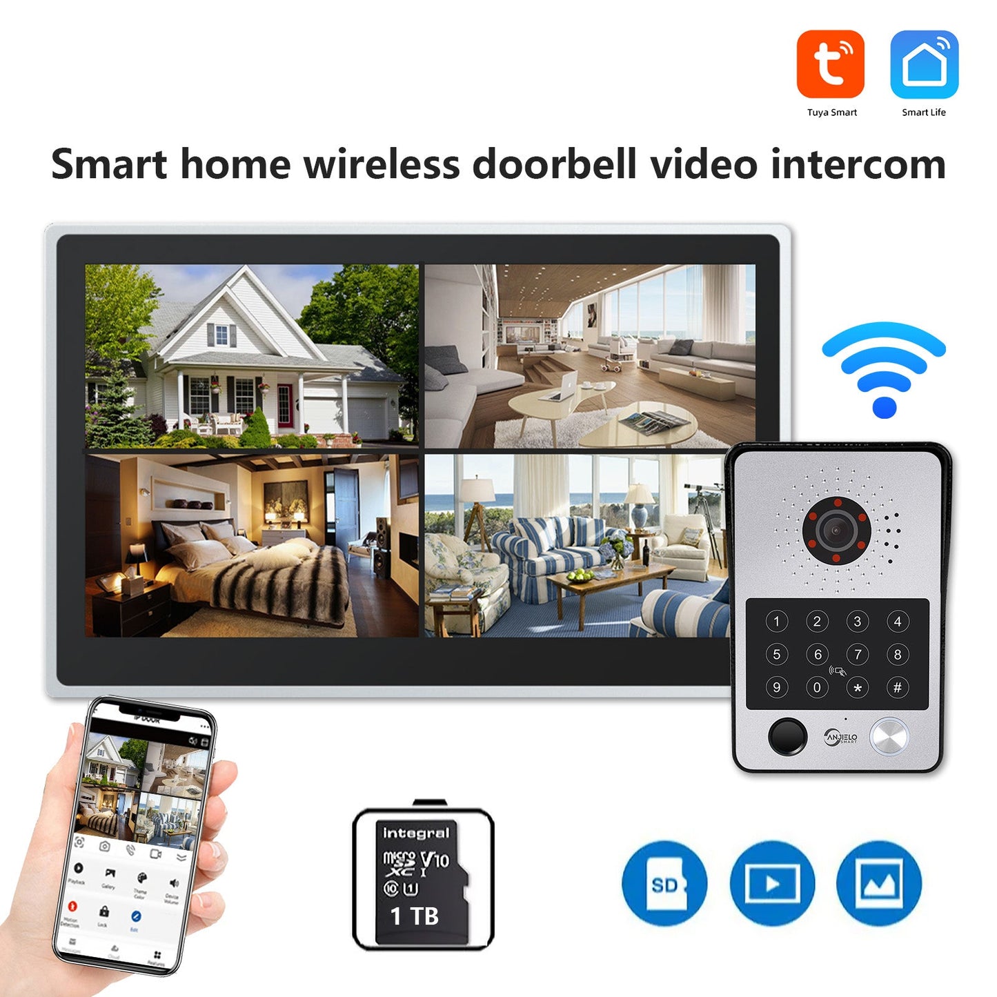 Anjielo Smart Tuya iDVR 1080P HD Wi-Fi Video Doorbell with 15.6" Display - Four Channel Split Screen Security System for Smart Homes