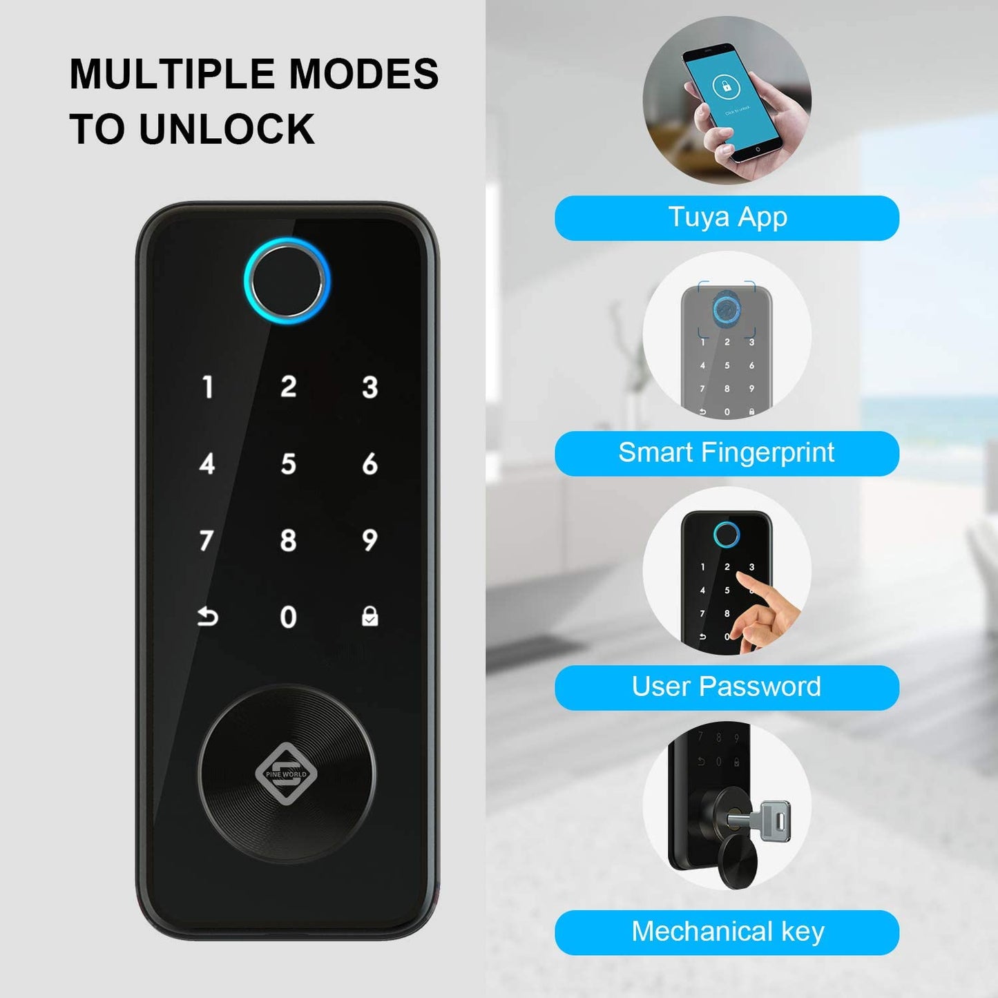Anjielo Smart Home Door Lock Tuya Bluetooth Smart Door Lock with Fingerprint Keyless Entry Keypad Smart Deadbolt Lock App Remotely IP 65 Waterproof