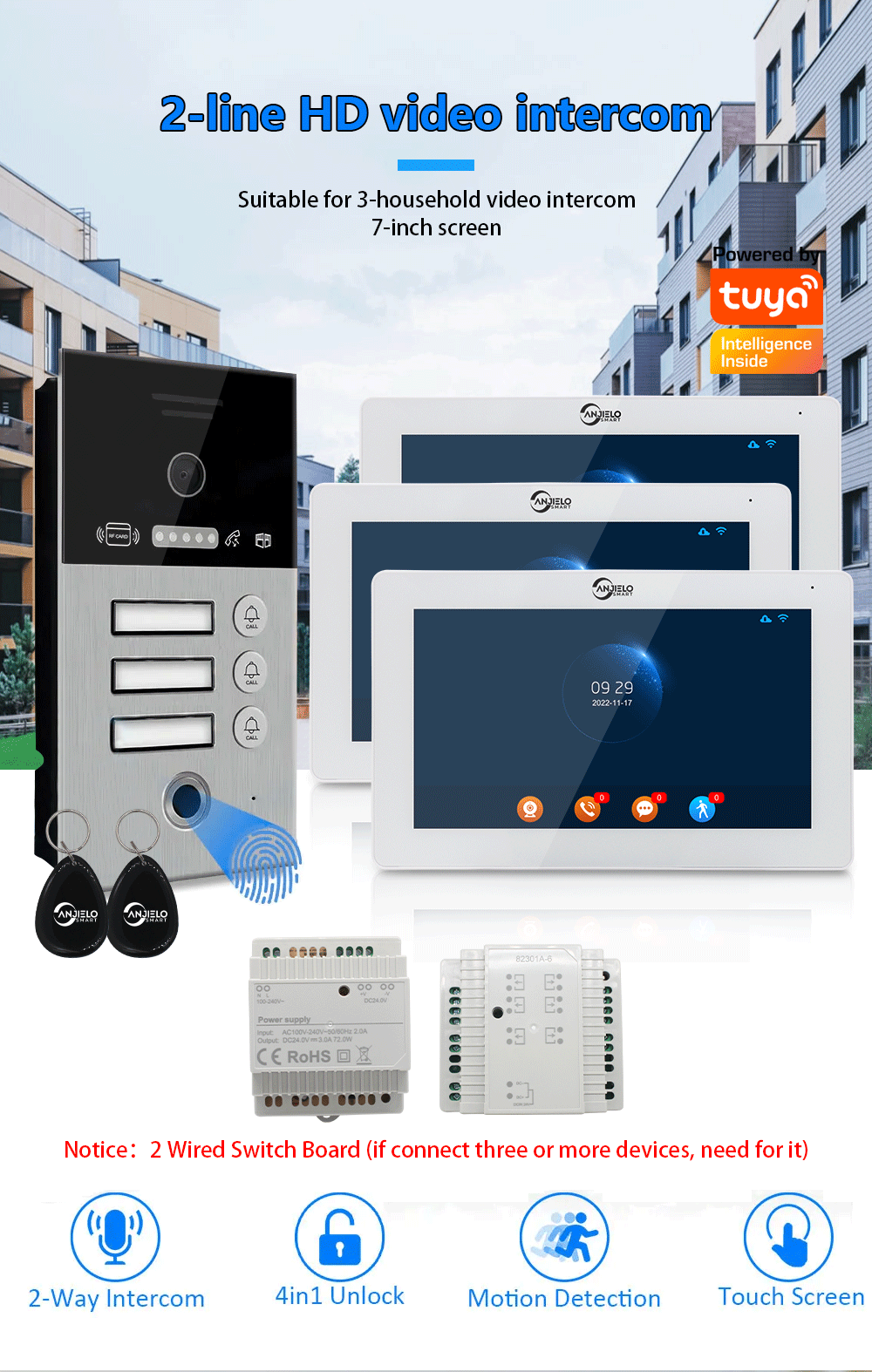 Anjielo Smart Home 2-Wire Video Intercom System HD Color Display -  Smart Door Phone with Night Vision, IP65 Weatherproof, 2-Way Audio for Home Security