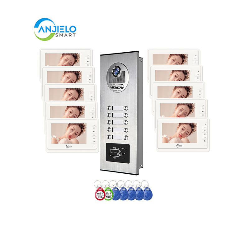 AnjieloSmart 4 Wired Video Intercom System for Apartment, 8 Units 7" Monitor, Indoor Outdoor Video Doorbell, ID Card Unlock, Two-Way Audio, 6 Screens for