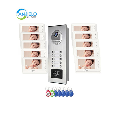 AnjieloSmart 4 Wired Video Intercom System for Apartment, 8 Units 7" Monitor, Indoor Outdoor Video Doorbell, ID Card Unlock, Two-Way Audio, 6 Screens for