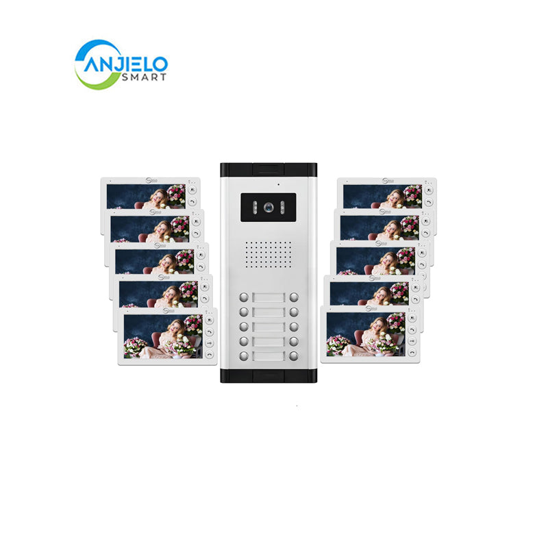 AnjieloSmart Home 4 Wired Video Intercom 7 Inch Monitor Video Door Intercom for2/3/4/5/6/8/10/12 Multi-Units Video Doorbell for ID Card to Unlock