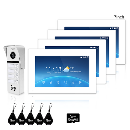 Tuya Smart 4-Family Video Intercom Doorbell System | 1080P 148° Wide Angle Camera, RFID Card Unlock, 4 Indoor Touch Monitors, Motion Detection, Night Vision, Video Record Playback, Background Music & Digital Photo Frame
