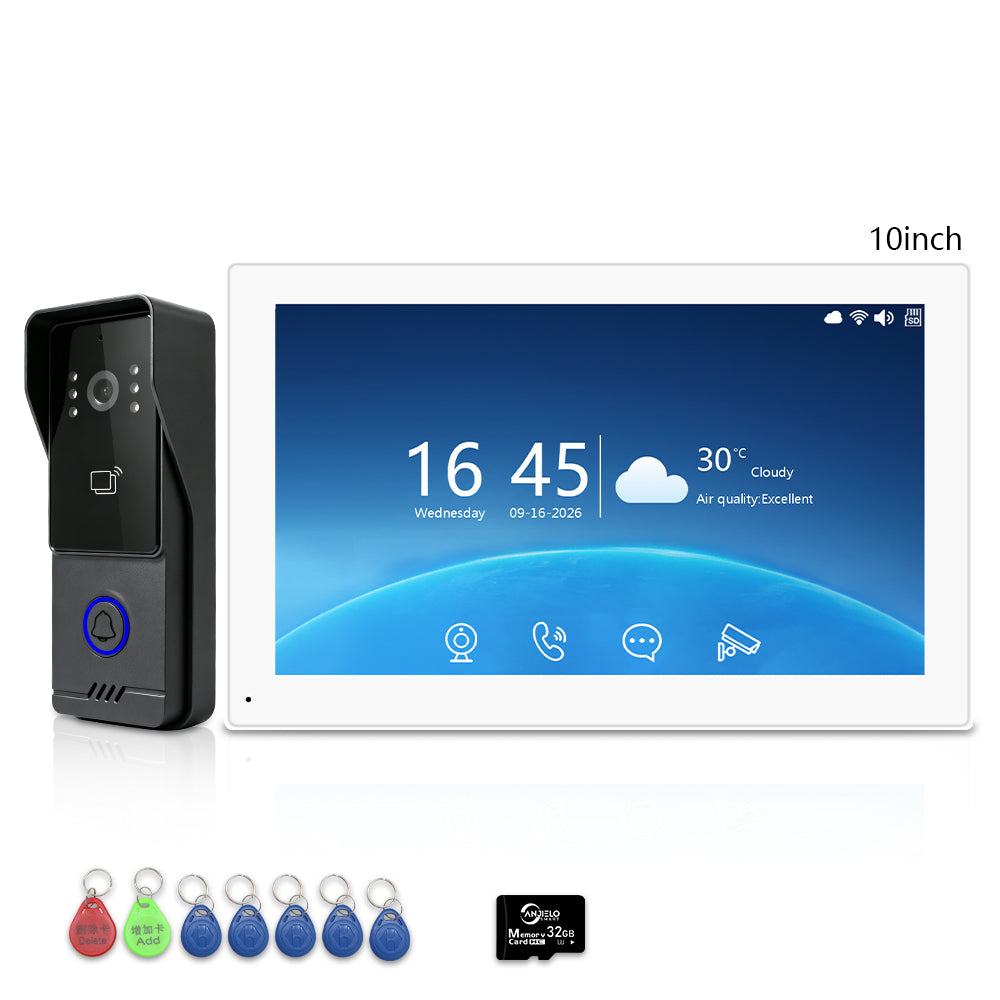 ANJIELO 2-Wire Tuya Smart Video Intercom System, 7/10 Inch Touch Indoor Monitor, 1080P Wired Doorbell with RFID Card Unlock, Night Vision, Motion Detection, IP65 Outdoor Camera, Remote Unlock via Smart Life App