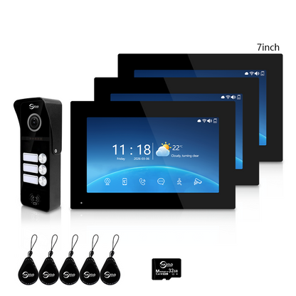 Tuya Smart 4-Family Video Intercom Doorbell System | 1080P 148° Wide Angle Camera, RFID Card Unlock, 4 Indoor Touch Monitors, Motion Detection, Night Vision, Video Record Playback, Background Music & Digital Photo Frame