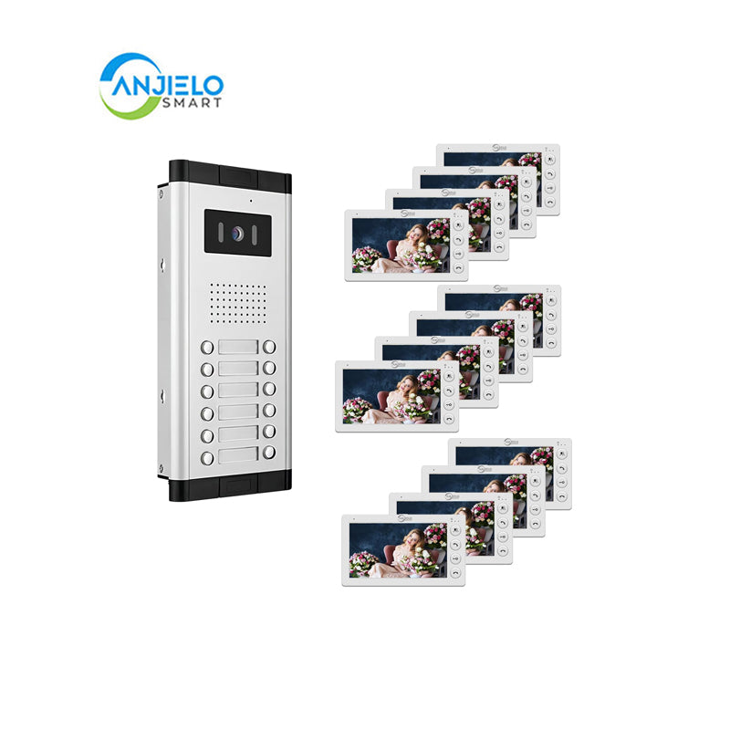 AnjieloSmart Home 4 Wired Video Intercom 7 Inch Monitor Video Door Intercom for2/3/4/5/6/8/10/12 Multi-Units Video Doorbell for ID Card to Unlock