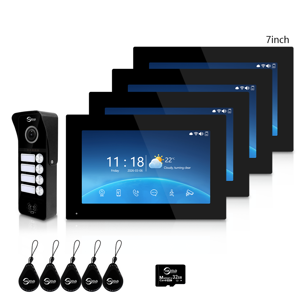 Tuya Smart 4-Family Video Intercom Doorbell System | 1080P 148° Wide Angle Camera, RFID Card Unlock, 4 Indoor Touch Monitors, Motion Detection, Night Vision, Video Record Playback, Background Music & Digital Photo Frame