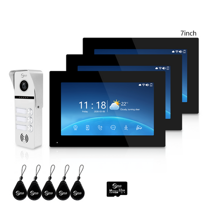 Tuya Smart 4-Family Video Intercom Doorbell System | 1080P 148° Wide Angle Camera, RFID Card Unlock, 4 Indoor Touch Monitors, Motion Detection, Night Vision, Video Record Playback, Background Music & Digital Photo Frame