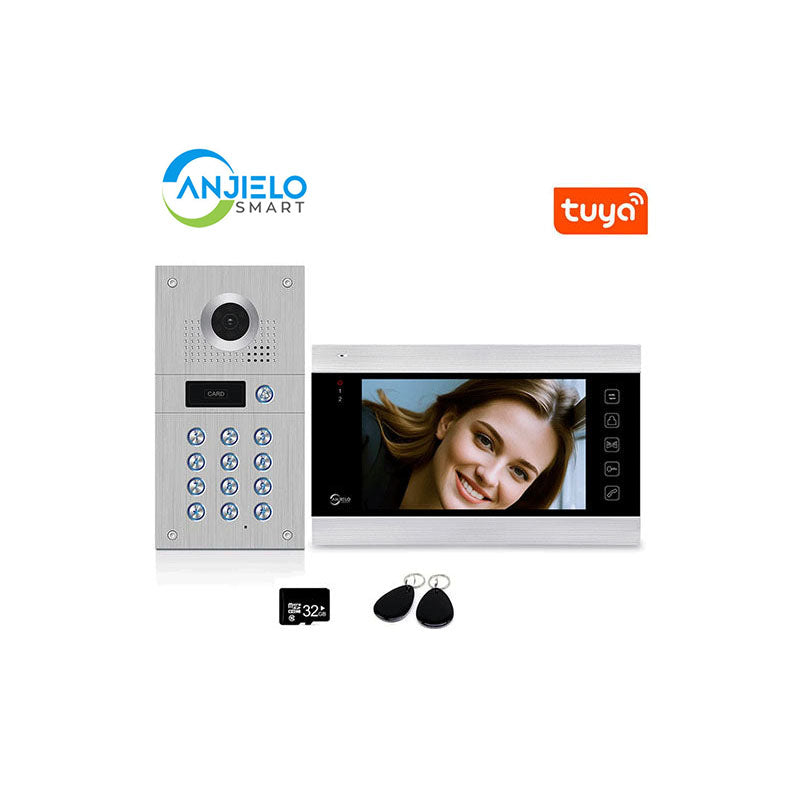 Anjielo Smart 1080P Tuya WiFi Wired Video Intercom with Camera and Code Keypad/RFID Cards Access Control System Motion Detection Record