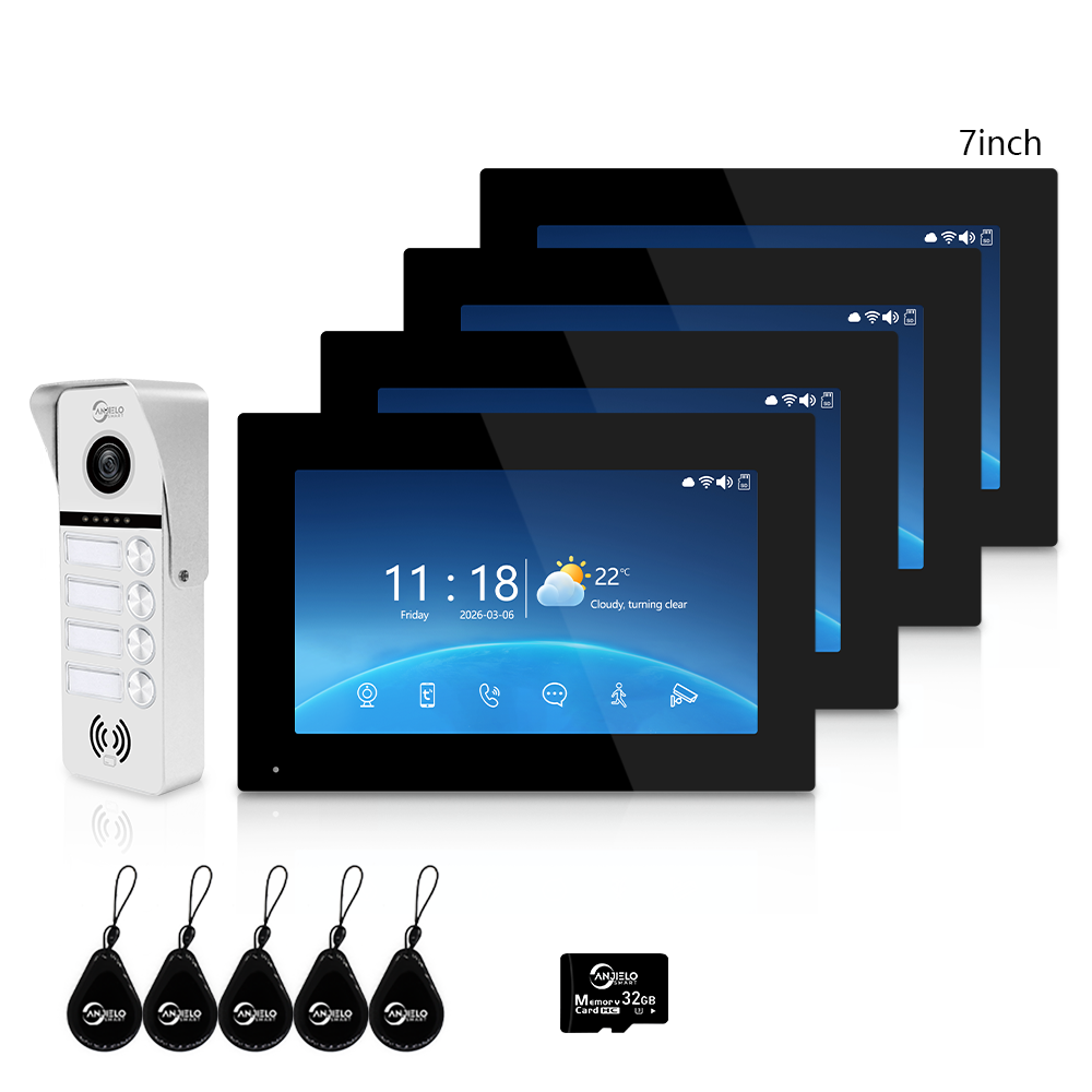 Tuya Smart 4-Family Video Intercom Doorbell System | 1080P 148° Wide Angle Camera, RFID Card Unlock, 4 Indoor Touch Monitors, Motion Detection, Night Vision, Video Record Playback, Background Music & Digital Photo Frame