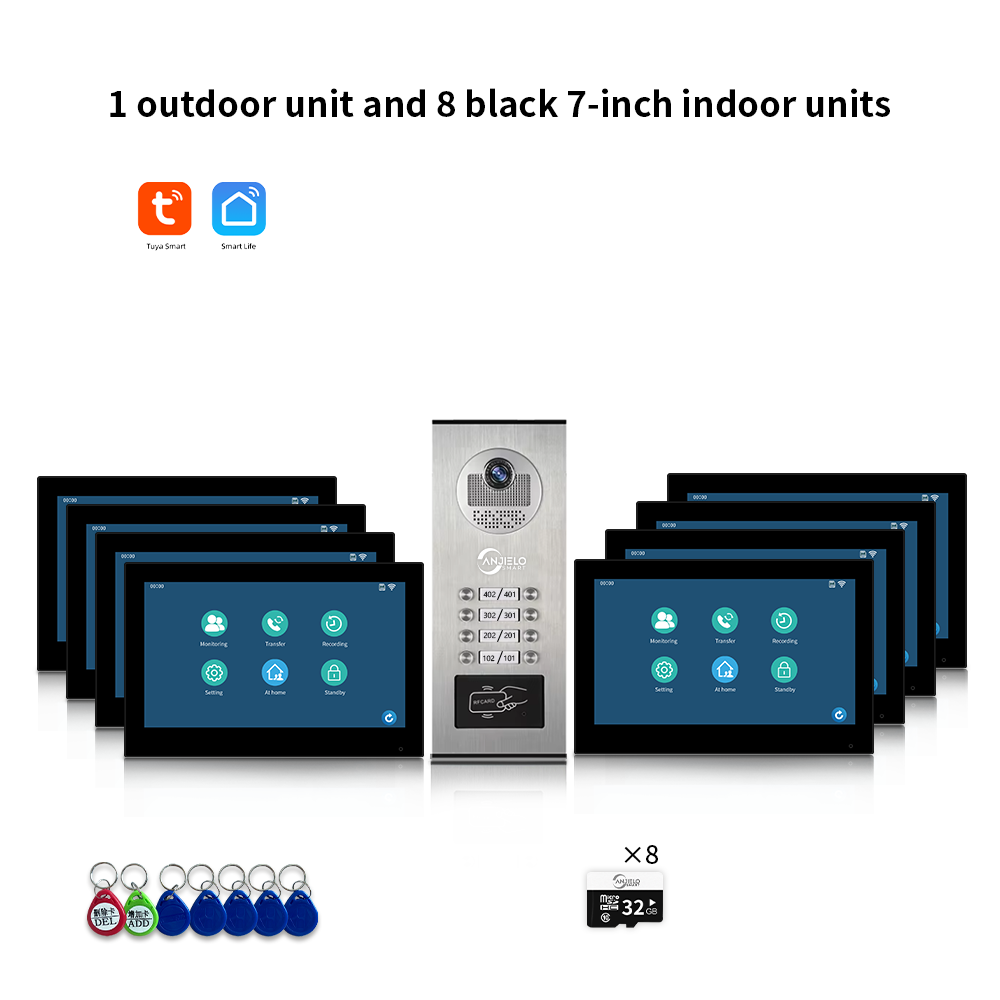 Anjielo Smart Home 1080P Tuya Building Smart Video Doorphone for Multi-Apartment Metal Doorbell Video Intercom System AHD 7inch Monitor