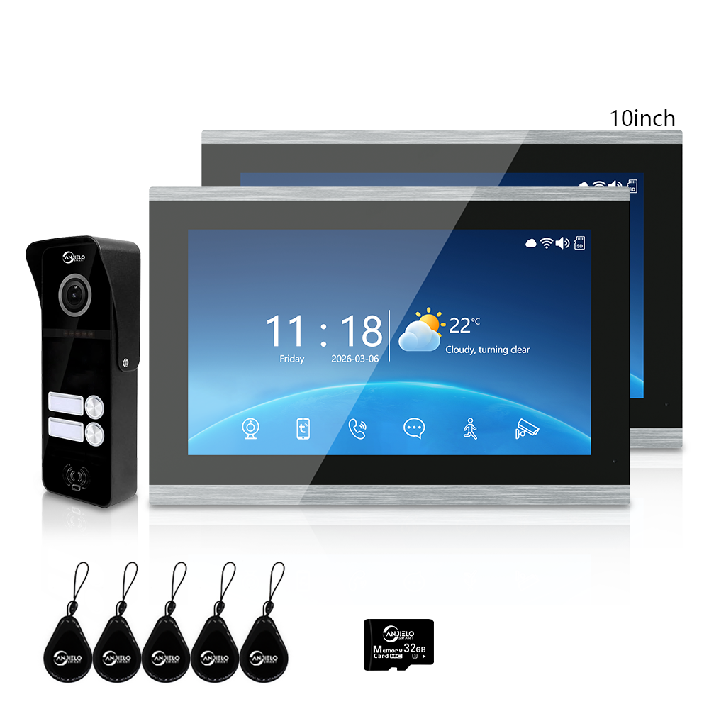 Tuya Smart 4-Family Video Intercom Doorbell System | 1080P 148° Wide Angle Camera, RFID Card Unlock, 4 Indoor Touch Monitors, Motion Detection, Night Vision, Video Record Playback, Background Music & Digital Photo Frame