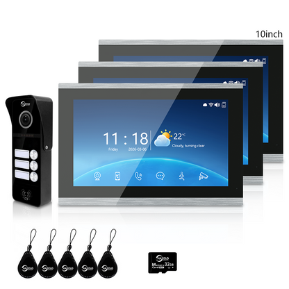 Tuya Smart 4-Family Video Intercom Doorbell System | 1080P 148° Wide Angle Camera, RFID Card Unlock, 4 Indoor Touch Monitors, Motion Detection, Night Vision, Video Record Playback, Background Music & Digital Photo Frame