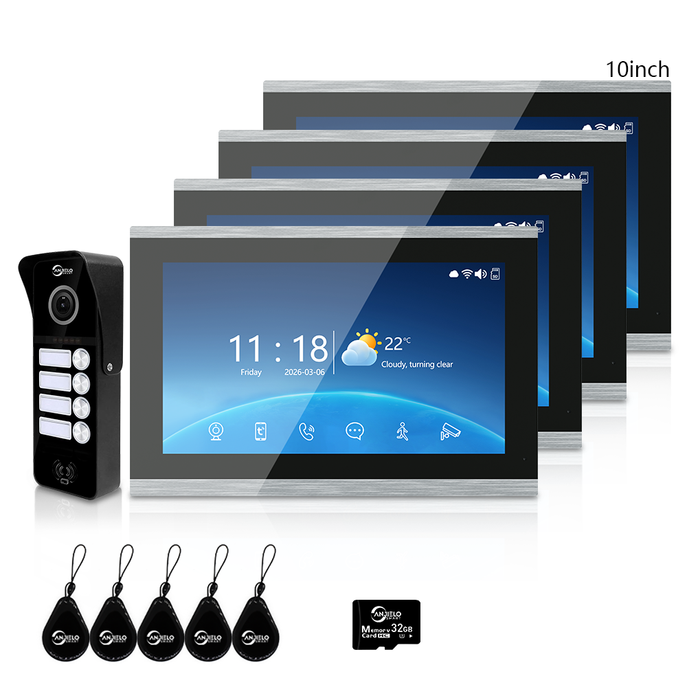 Tuya Smart 4-Family Video Intercom Doorbell System | 1080P 148° Wide Angle Camera, RFID Card Unlock, 4 Indoor Touch Monitors, Motion Detection, Night Vision, Video Record Playback, Background Music & Digital Photo Frame