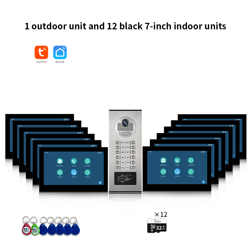 Anjielo Smart Home 1080P Tuya Building Smart Video Doorphone for Multi-Apartment Metal Doorbell Video Intercom System AHD 7inch Monitor