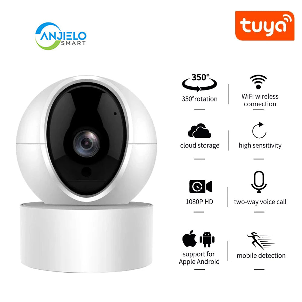 Anjielo Smart Home Tuya Smart Indoor 350° PTZ HD Surveillance Camera - 2.0 Megapixel Color Dome with WiFi Networking and Home Security Alarm System