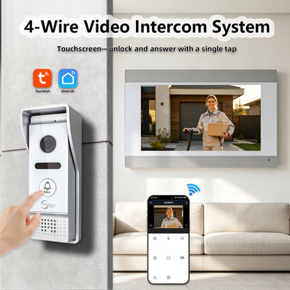 7 Inch 4-Wire WiFi Video Intercom System, Tuya Smart Video Door Phone, Touch Screen Indoor Monitor, 2-Way Audio, Night Vision, Motion Detection, Remote Unlock, Home Security Doorbell Intercom Kit