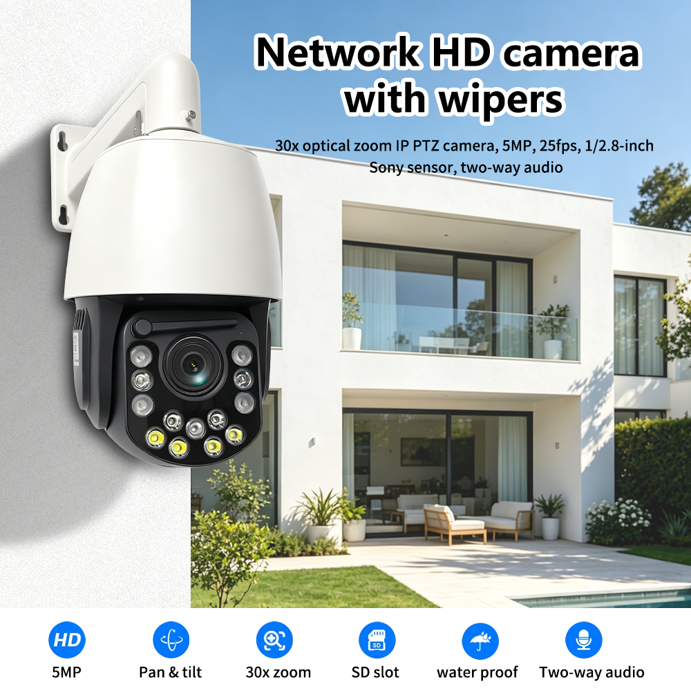 Outdoor 5MP 30X Zoom PTZ Security Camera with Wiper, PoE IP Speed Dome Camera 360° Auto Human Tracking Two-Way Audio