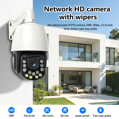 Outdoor 5MP 30X Zoom PTZ Security Camera with Wiper, PoE IP Speed Dome Camera 360° Auto Human Tracking Two-Way Audio