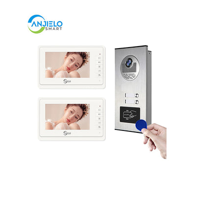 AnjieloSmart 4 Wired Video Intercom System for Apartment, 8 Units 7" Monitor, Indoor Outdoor Video Doorbell, ID Card Unlock, Two-Way Audio, 6 Screens for