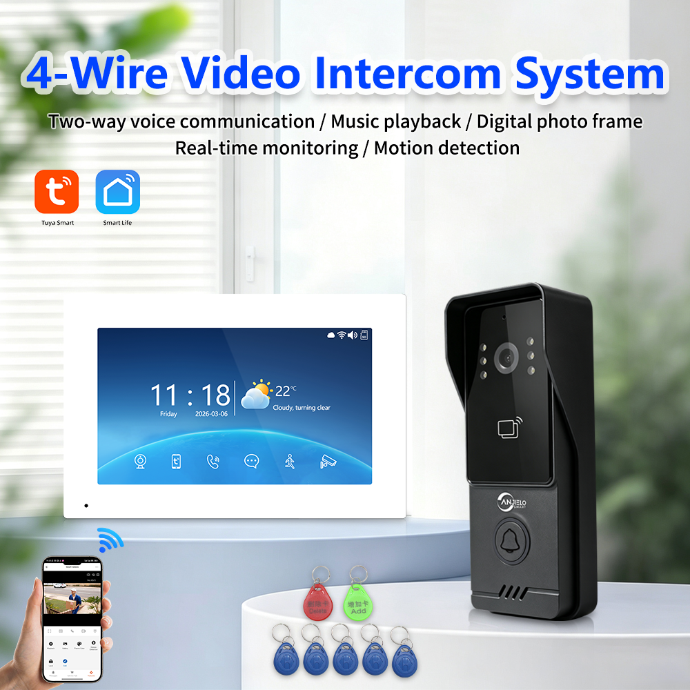 Wired 4‑Wire Smart Video Doorbell Intercom System | 1080P Infrared Night Vision IP65 Waterproof Tuya WiFi Video Door Phone with Touch Screen Monitor Motion Detection 3‑Way Unlock for Home Security
