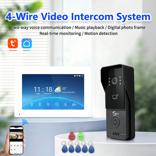 Wired 4‑Wire Smart Video Doorbell Intercom System | 1080P Infrared Night Vision IP65 Waterproof Tuya WiFi Video Door Phone with Touch Screen Monitor Motion Detection 3‑Way Unlock for Home Security