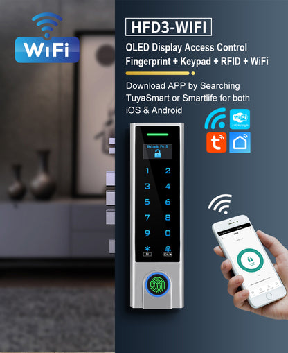 Tuya WiFi Fingerprint Access Control, IP66 Waterproof Metal Keypad Door Lock, OLED Display, RFID EM/Mifare Card + Password + App Remote Unlock, Anti-Vandal Outdoor Access Controller