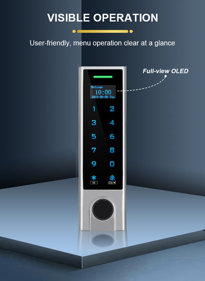 Tuya WiFi Fingerprint Access Control, IP66 Waterproof Metal Keypad Door Lock, OLED Display, RFID EM/Mifare Card + Password + App Remote Unlock, Anti-Vandal Outdoor Access Controller