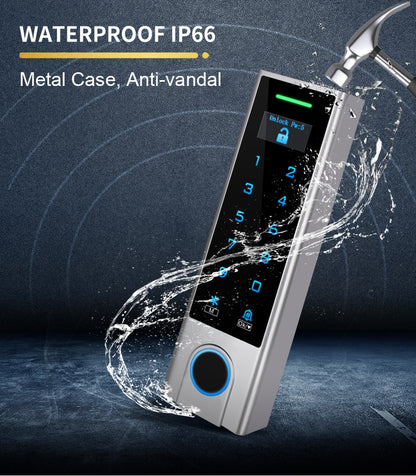 Tuya WiFi Fingerprint Access Control, IP66 Waterproof Metal Keypad Door Lock, OLED Display, RFID EM/Mifare Card + Password + App Remote Unlock, Anti-Vandal Outdoor Access Controller