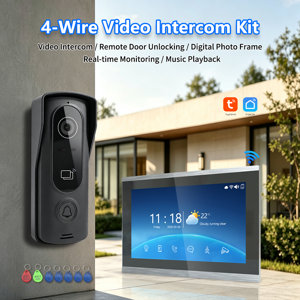 4 Wire Tuya Smart Video Intercom System | 1080P Wired Video Doorbell with Indoor Touch Monitor, RFID Card Unlock, Motion Detection, Night Vision, 2-Way Audio, Remote Unlock for Home Security