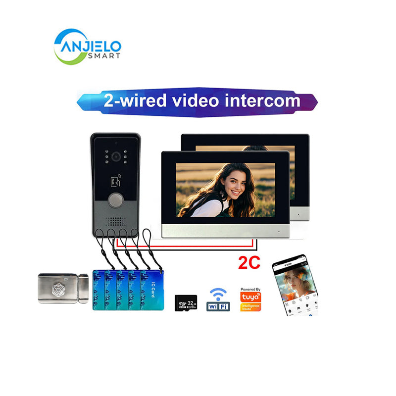 Anjielo Smart Home 1080P Tuya Wifi 2 Wired Video Doorphone Intercom System for Home