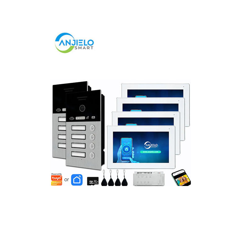 Anjielo Smart Home 2 Wire Doorbell Video Intercom System for 4-family Apartment with 7 inch Touch Screen 1080P Card Unlock Tuya Smart