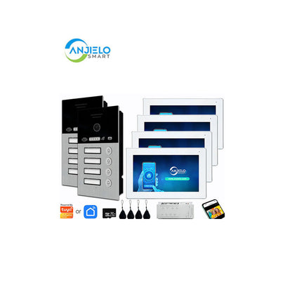 Anjielo Smart Home 2 Wire Doorbell Video Intercom System for 4-family Apartment with 7 inch Touch Screen 1080P Card Unlock Tuya Smart