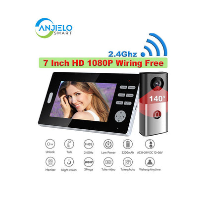 Anjielo 2.4Ghz Long Range Coverage 7 Inch HD 1080P Doorbell Wireless Video Intercom 2MP Door Phone Unlock Monitor 140° Home Security