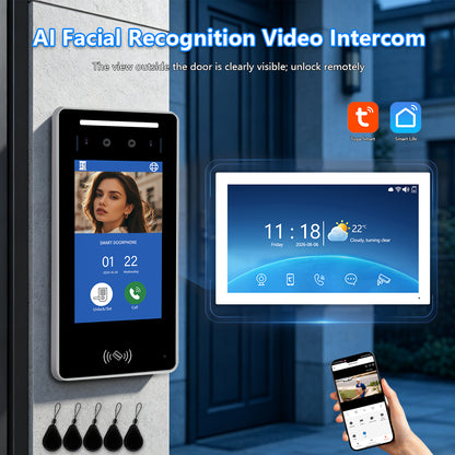 Tuya Smart 3D Facial Recognition Video Intercom System, 5/8 Inch Outdoor Station + Indoor Monitor, 5 Ways Unlock, 1080P Two-Way Video Doorbell, IP65 Waterproof Access Control Door Phone for Villa Home Security