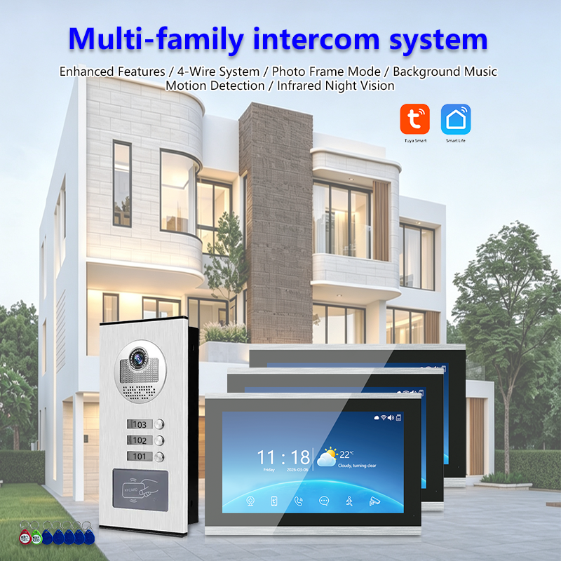 Multi-Family 4-Wire Video Intercom Doorbell System, 1080P HD Camera, 3 Unlock Methods, Tuya Smart App, 2-12 Units, Night Vision & Motion Detection