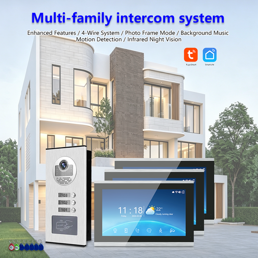 Multi-Family 4-Wire Video Intercom Doorbell System, 1080P HD Camera, 3 Unlock Methods, Tuya Smart App, 2-12 Units, Night Vision & Motion Detection
