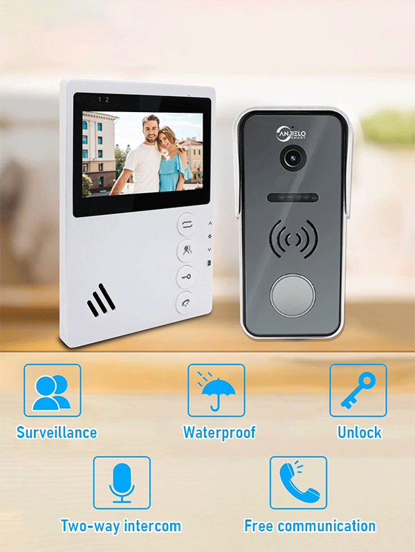 Anjielo Smart Home 4 Wired Video Intercom System Doorbell with a 148° wide-angle Lens, 4.3-inch HD Screen, Support Waterproof IP55 and Infrared Night Vision