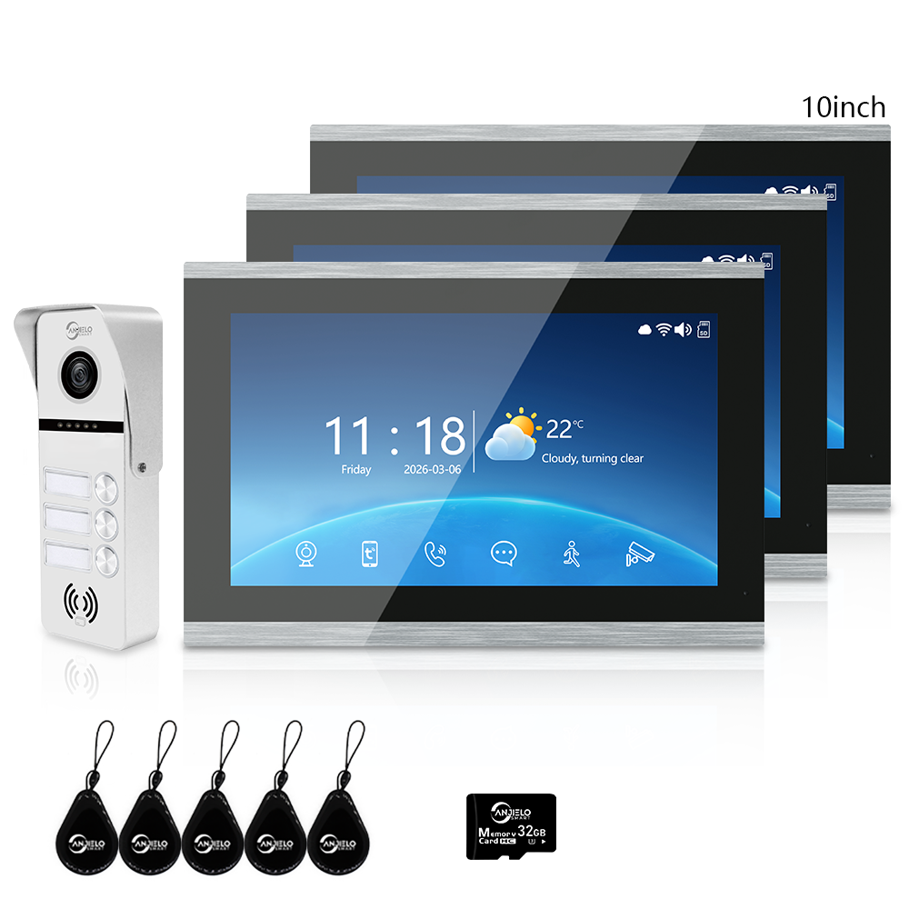 Tuya Smart 4-Family Video Intercom Doorbell System | 1080P 148° Wide Angle Camera, RFID Card Unlock, 4 Indoor Touch Monitors, Motion Detection, Night Vision, Video Record Playback, Background Music & Digital Photo Frame