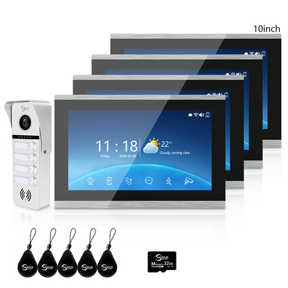 Tuya Smart 4-Family Video Intercom Doorbell System | 1080P 148° Wide Angle Camera, RFID Card Unlock, 4 Indoor Touch Monitors, Motion Detection, Night Vision, Video Record Playback, Background Music & Digital Photo Frame