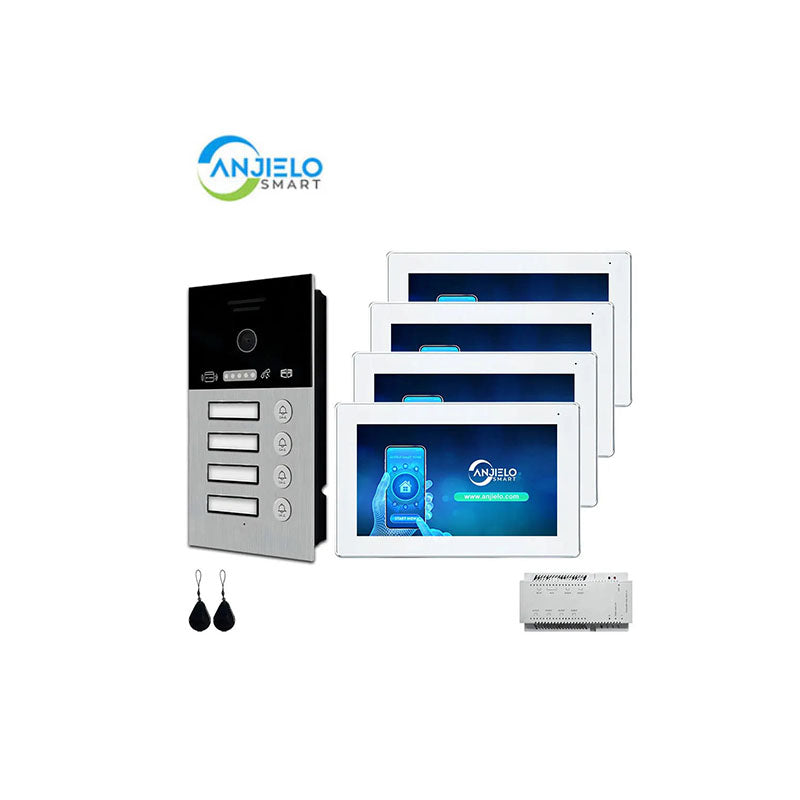 Anjielo Smart Home 2 Wire Doorbell Video Intercom System for 4-family Apartment with 7 inch Touch Screen 1080P Card Unlock Tuya Smart