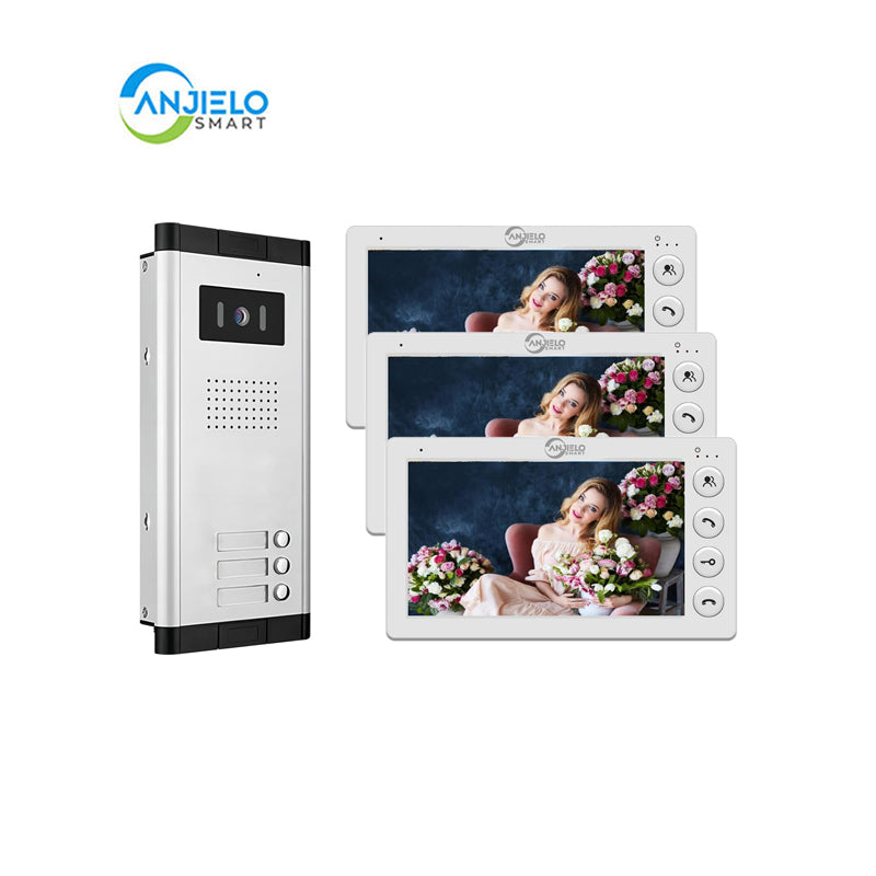 AnjieloSmart Home 4 Wired Video Intercom 7 Inch Monitor Video Door Intercom for2/3/4/5/6/8/10/12 Multi-Units Video Doorbell for ID Card to Unlock