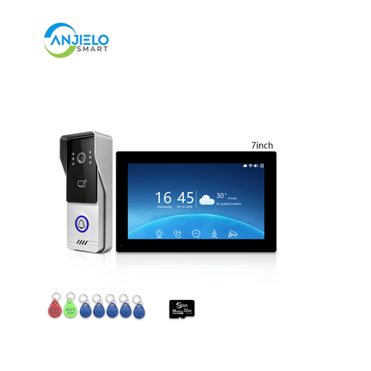 ANJIELO 2-Wire Tuya Smart Video Intercom System, 7/10 Inch Touch Indoor Monitor, 1080P Wired Doorbell with RFID Card Unlock, Night Vision, Motion Detection, IP65 Outdoor Camera, Remote Unlock via Smart Life App