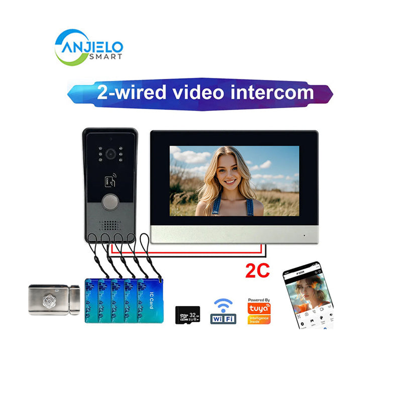 Anjielo Smart Home 1080P Tuya Wifi 2 Wired Video Doorphone Intercom System for Home