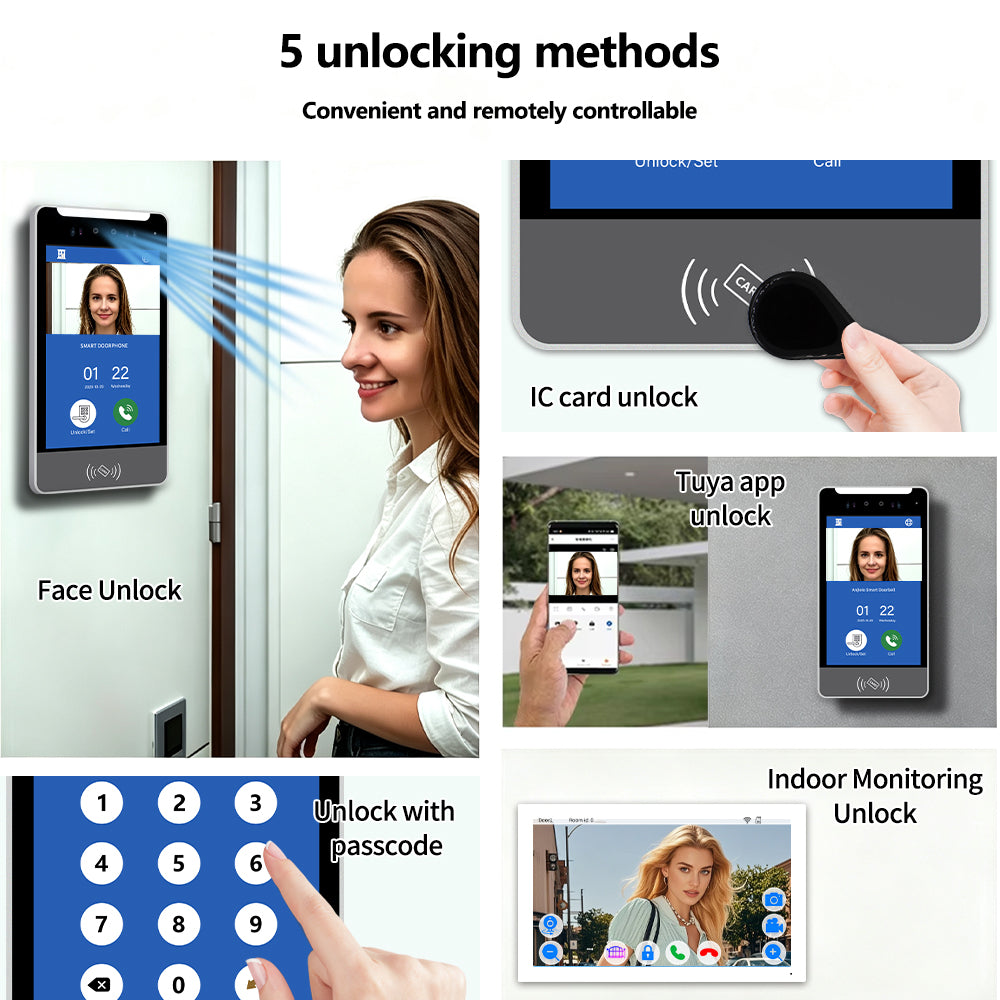 Tuya Smart 3D Facial Recognition Video Intercom System, 5/8 Inch Outdoor Station + Indoor Monitor, 5 Ways Unlock, 1080P Two-Way Video Doorbell, IP65 Waterproof Access Control Door Phone for Villa Home Security