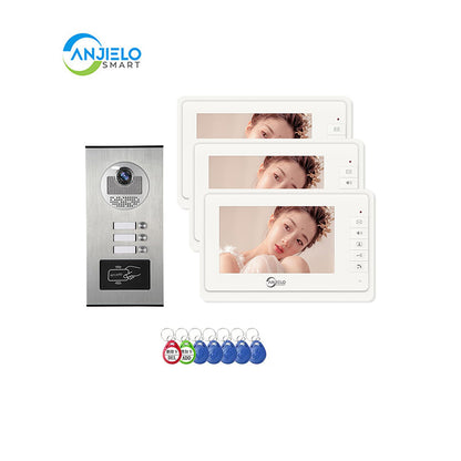 AnjieloSmart 4 Wired Video Intercom System for Apartment, 8 Units 7" Monitor, Indoor Outdoor Video Doorbell, ID Card Unlock, Two-Way Audio, 6 Screens for