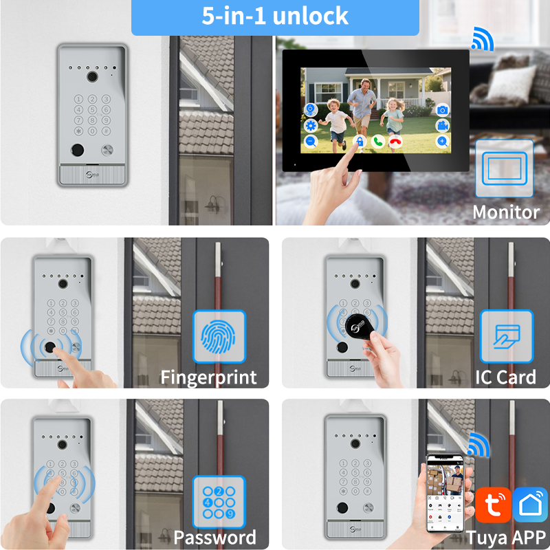 Anjielo 7/10 Inch 4-Line Video Intercom System Five-in-One Unlocking Tuya APP Remote Control