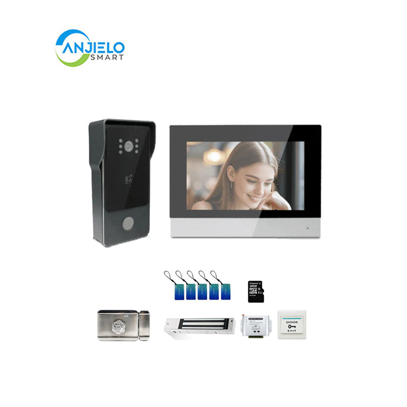Anjielo Smart Home Tuya Smart IP Video Intercom System Two Wired Doorbell 1080P Camera 7 Inch Touch Screen Password IC Card Unlock Door